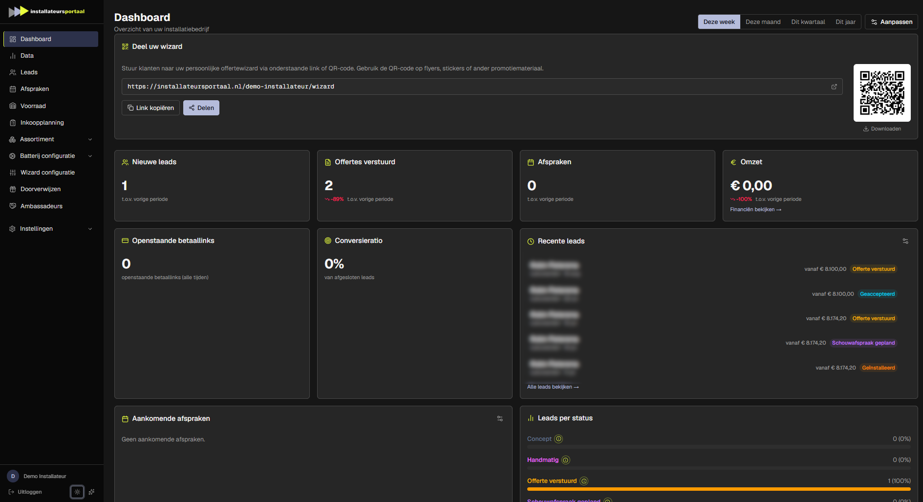 Het Installateursportaal-dashboard met de deelbare offertewizard, kerncijfers en recente leads