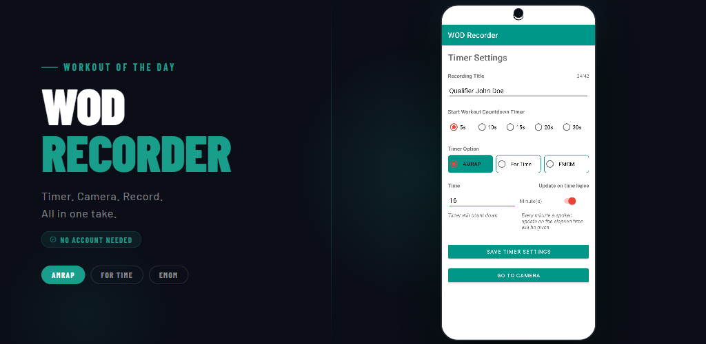 WOD Recorder: timer, camera en opname in één, met de timerinstellingen op een telefoonscherm